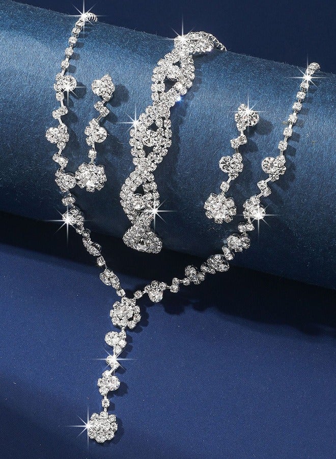 JiuAn 3Piece Necklace Bracelet and Earrings Set Full Diamond Necklace Crystal Earrings Wedding Bridal Bridesmaid Costume Jewelry Set for Women and Girls Dress Accessorie - Image 3