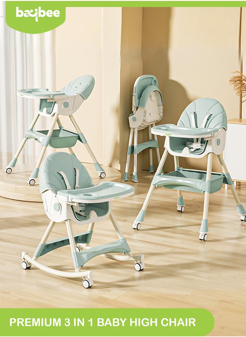 BAYBEE - IRIS 3 in 1 Baby High Chair for Kids,  Baby Feeding Chair Booster Seat with Rocker, Wheels, Storage, Recline, Tray & Footrest, Foldable High Chair for Baby Toddlers 6 months to 4 Years Green - Image 1