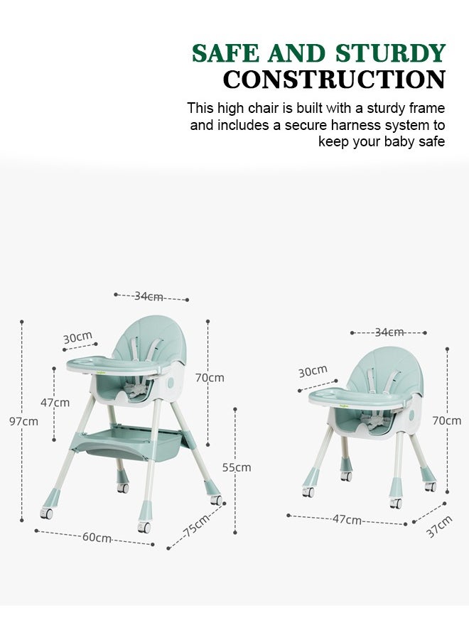 BAYBEE - IRIS 3 in 1 Baby High Chair for Kids,  Baby Feeding Chair Booster Seat with Rocker, Wheels, Storage, Recline, Tray & Footrest, Foldable High Chair for Baby Toddlers 6 months to 4 Years Green - Image 1