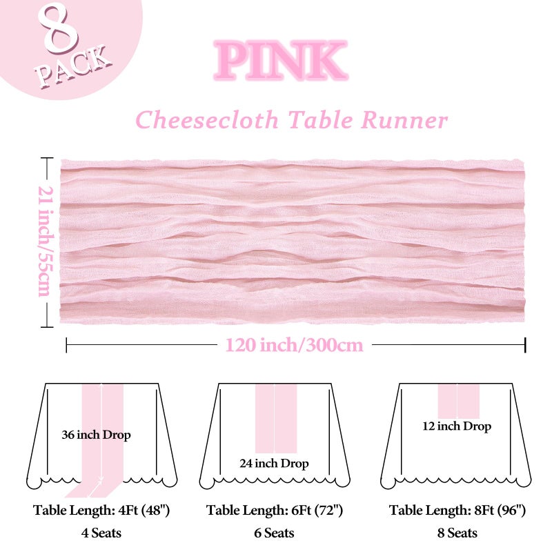 Heneger 8 Pack Pink Table Runner Cheesecloth 10Ft Gauze Cheese Cloth Table Runner 120 Inch Boho Sheer Rustic Fabric for Party Holiday Decor Bridal Baby Shower Wedding Decoration - Image 2