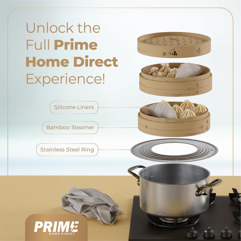 Prime Home Direct سلة بخار الخيزران من برايم هوم دايركت 12 بوصة | بخار من طبقتين للطهي | 50 بطانة، عيدان تناول الطعام، طبق صلصة | بخار الطعام الآسيوي، باو بون، صيني، ديم سم، زلابية، أرز، وعاء بخار الخضار - Image 5