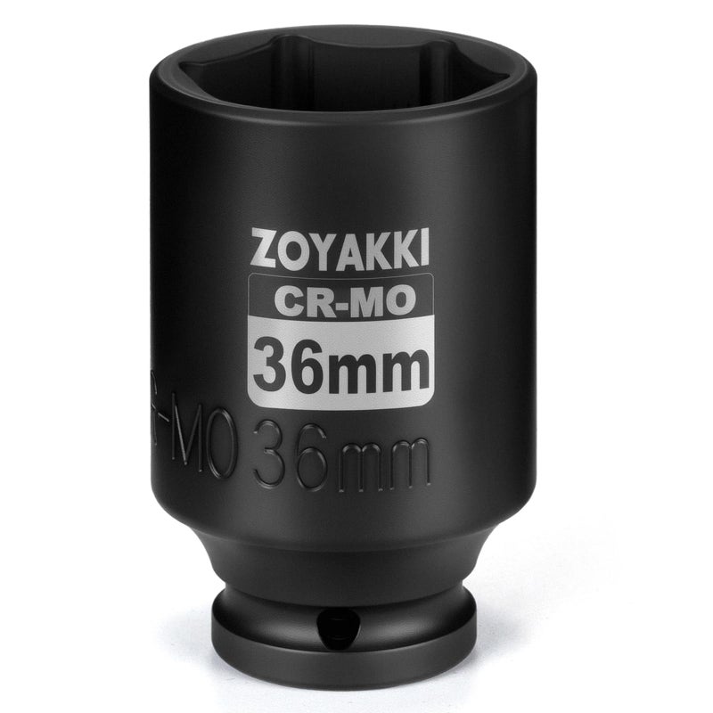 ZOYAKKI 1/2" Drive x 36 mm Deep 6 PT Impact Socket, CR-MO,1/2-inch Drive 6 Point Axle Nut Socket for Easy Removal of Axle Shaft Nuts (Metric 36MM) - Image 1