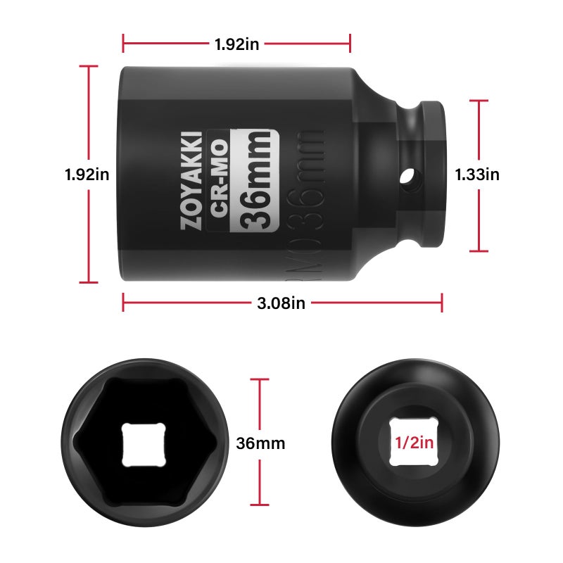 ZOYAKKI 1/2" Drive x 36 mm Deep 6 PT Impact Socket, CR-MO,1/2-inch Drive 6 Point Axle Nut Socket for Easy Removal of Axle Shaft Nuts (Metric 36MM) - Image 2