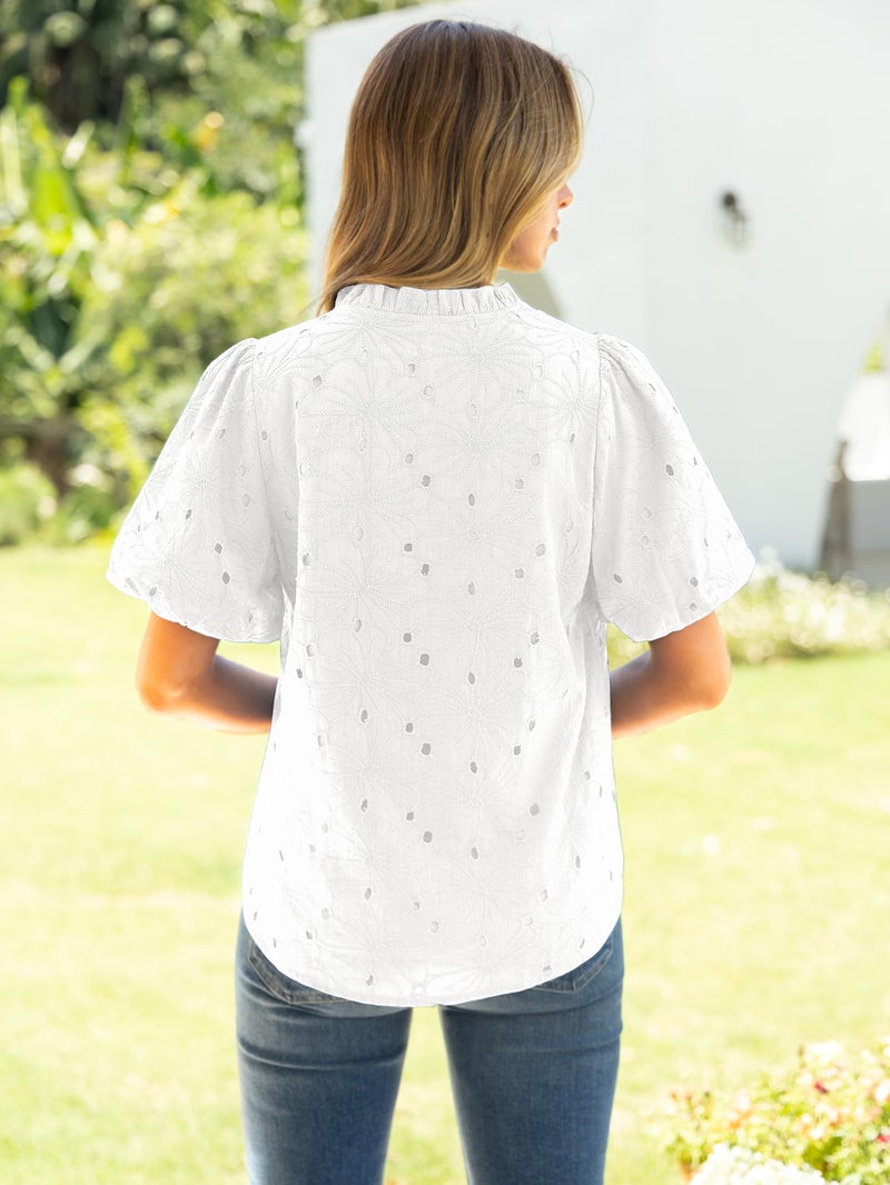 Simplee Womens Tops Blouse Dressy Casual V Neck Puff Sleeve Hollow Out Floral Embroidered Lace Boho Tops Short Sleeve Summer Blouses Spring Western Top Trendy Fashion Clothing 2026 White M - Image 4