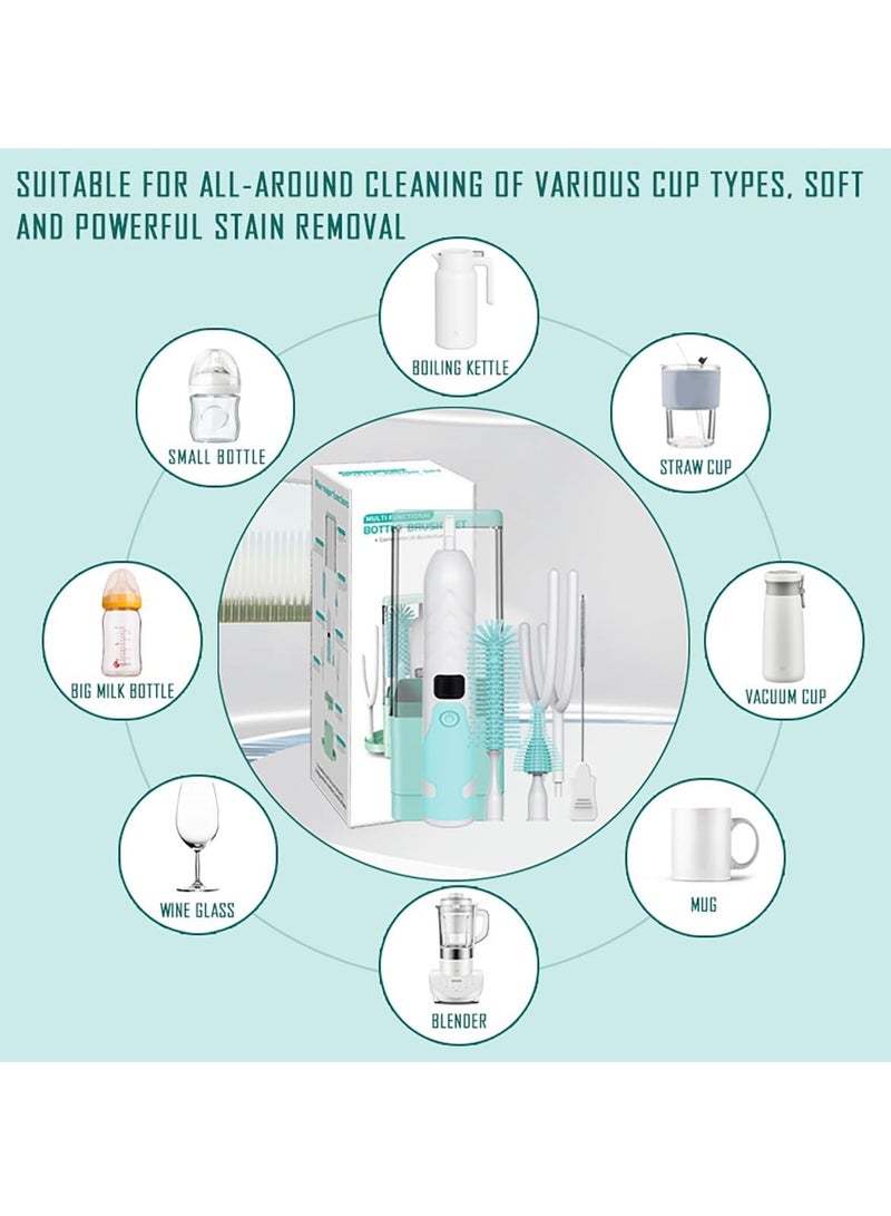 شو وو مجموعة فرشاة زجاجات الأطفال الكهربائية للسفر 5 في 1، منظف زجاجات قابل لإعادة الشحن، رف تجفيف زجاجات محمول، فرشاة حلمة، فرشاة قش، تخزين فرشاة مع تعقيم بالأشعة فوق البنفسجية - Image 2