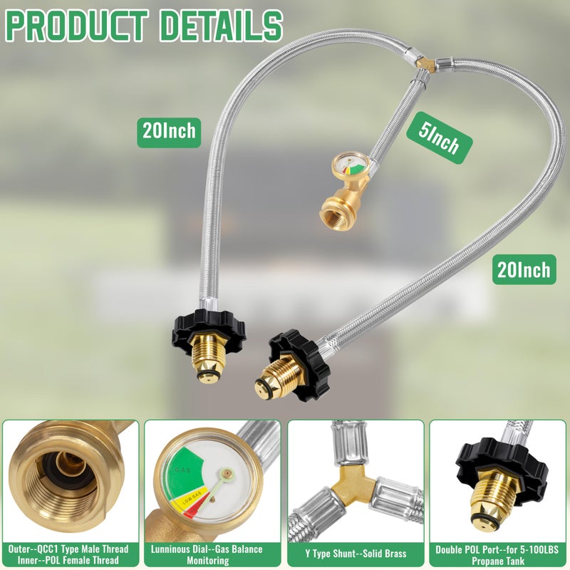 Dingbaayee Upgrade Stainless Braided Propane Y Splitter Hose with Gauge, 2 Way Dual Propane Tank Converter Adapter, POL Inlet & POL/QCC1 Regulator Exit Connect 5-100LBS Tanks for Grill, Heater, Fire Pit - Image 2