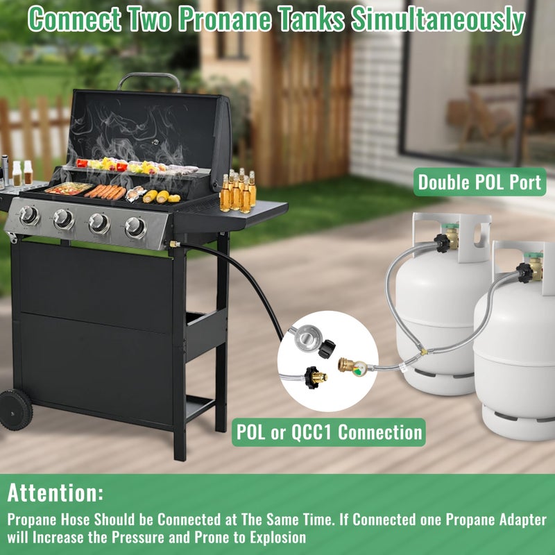 Dingbaayee Upgrade Stainless Braided Propane Y Splitter Hose with Gauge, 2 Way Dual Propane Tank Converter Adapter, POL Inlet & POL/QCC1 Regulator Exit Connect 5-100LBS Tanks for Grill, Heater, Fire Pit - Image 3