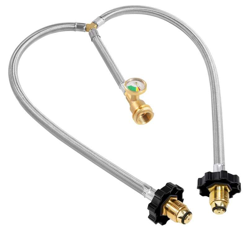 Dingbaayee Upgrade Stainless Braided Propane Y Splitter Hose with Gauge, 2 Way Dual Propane Tank Converter Adapter, POL Inlet & POL/QCC1 Regulator Exit Connect 5-100LBS Tanks for Grill, Heater, Fire Pit - Image 1