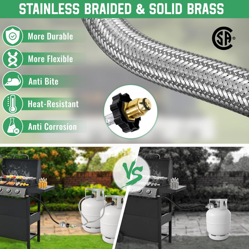 Dingbaayee Upgrade Stainless Braided Propane Y Splitter Hose with Gauge, 2 Way Dual Propane Tank Converter Adapter, POL Inlet & POL/QCC1 Regulator Exit Connect 5-100LBS Tanks for Grill, Heater, Fire Pit - Image 4