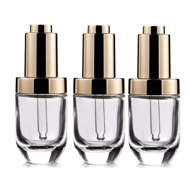 mollensiuer 3Pcs 30ml/1oz Clear Thick Glass Press Dropper Bottles Essence Liquid Bottle Essential Oil Bottle Refillable Travel Container with Gold Cap for Essential Oil Fragrance Aromatherapy Cosmetic 
