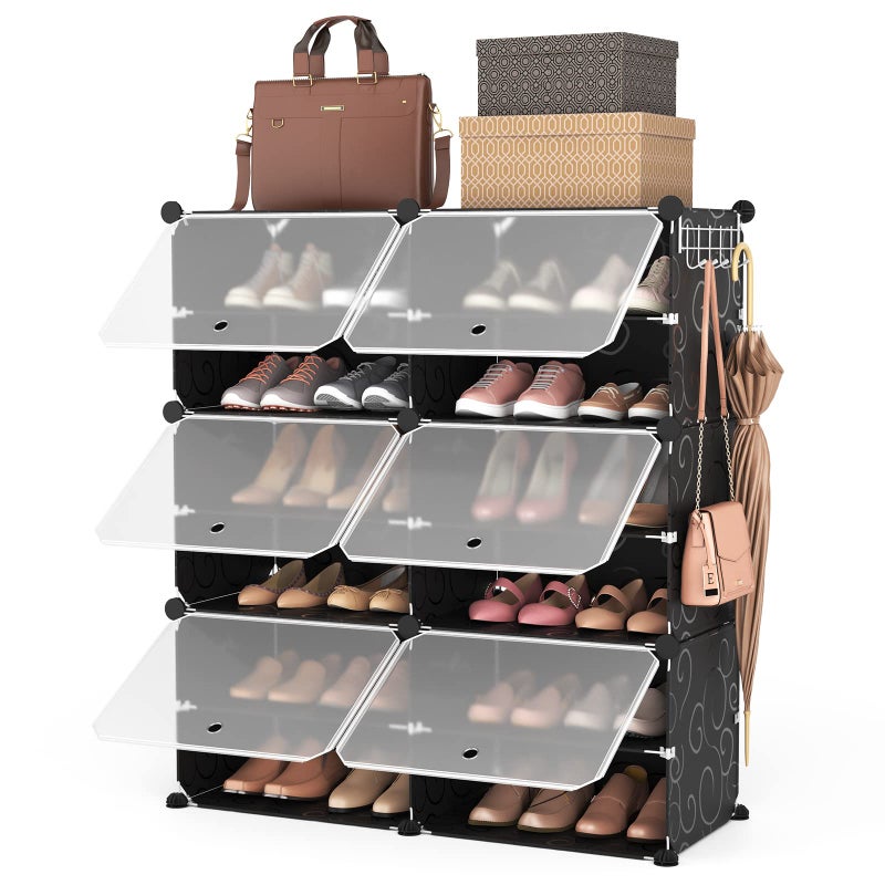 ROJASOP 6-Tier 24-Pair Expandable Shoe Rack Organizer with 2 Hooks, Black - Image 1