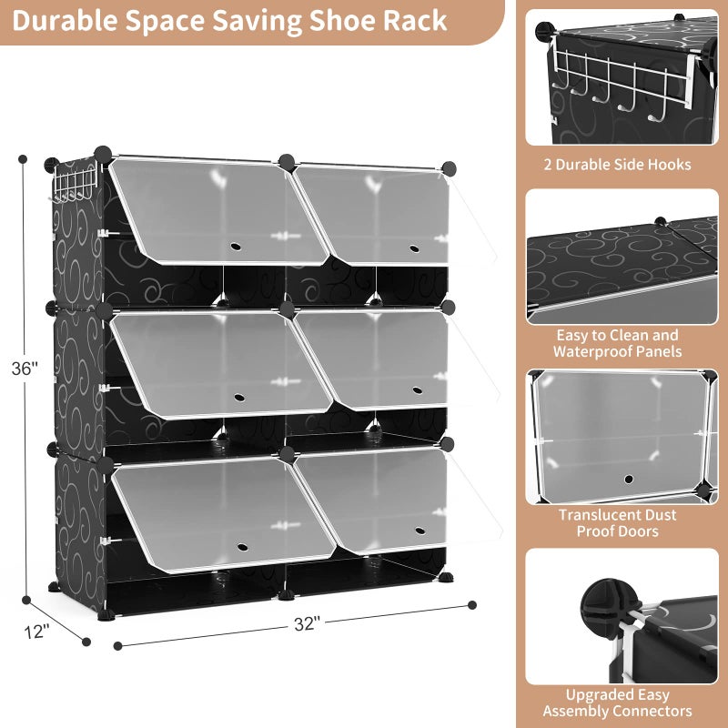 ROJASOP 6-Tier 24-Pair Expandable Shoe Rack Organizer with 2 Hooks, Black - Image 3