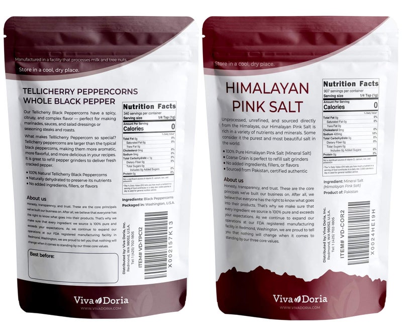Viva Doria Tellicherry Whole Black Peppercorns, 12 oz & Himalayan Pink Salt, Coarse Grain, 2 lb | Salt and Pepper Combo, For Grinder Refills, 2 Piece Set - Image 2