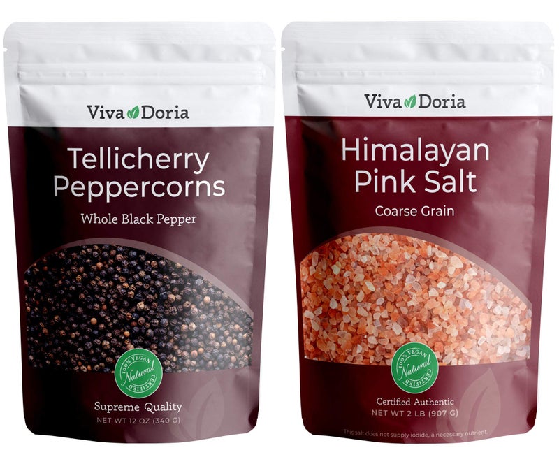 Viva Doria Tellicherry Whole Black Peppercorns, 12 oz & Himalayan Pink Salt, Coarse Grain, 2 lb | Salt and Pepper Combo, For Grinder Refills, 2 Piece Set - Image 1