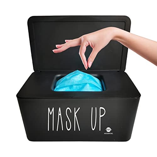 Moorfowl Face Mask Dispenser with Lid, Upgrade Size(8.2" L x 4.9" W x 3.9" H), Mask Container Storage Tabletop Face Covering Organizer Box for Home, Office, Entryways, Schools (Black(Mask UP)) - Image 1