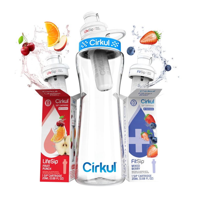Cirkul طقم بدء تشغيل زجاجة ماء بلاستيكية خالية من BPA سعة 22 أونصة من سيركول مع غطاء أزرق، و2 خرطوشة نكهة (1 لايف سيب بنكهة فواكه، 1 فيت سيب بنكهة التوت المختلط) مشروب خالي من السكر، صفر سعرات حرارية - Image 1