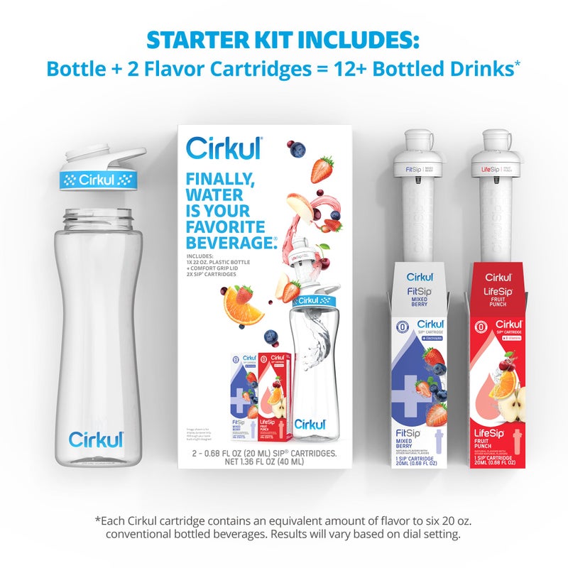 Cirkul طقم بدء تشغيل زجاجة ماء بلاستيكية خالية من BPA سعة 22 أونصة من سيركول مع غطاء أزرق، و2 خرطوشة نكهة (1 لايف سيب بنكهة فواكه، 1 فيت سيب بنكهة التوت المختلط) مشروب خالي من السكر، صفر سعرات حرارية - Image 2