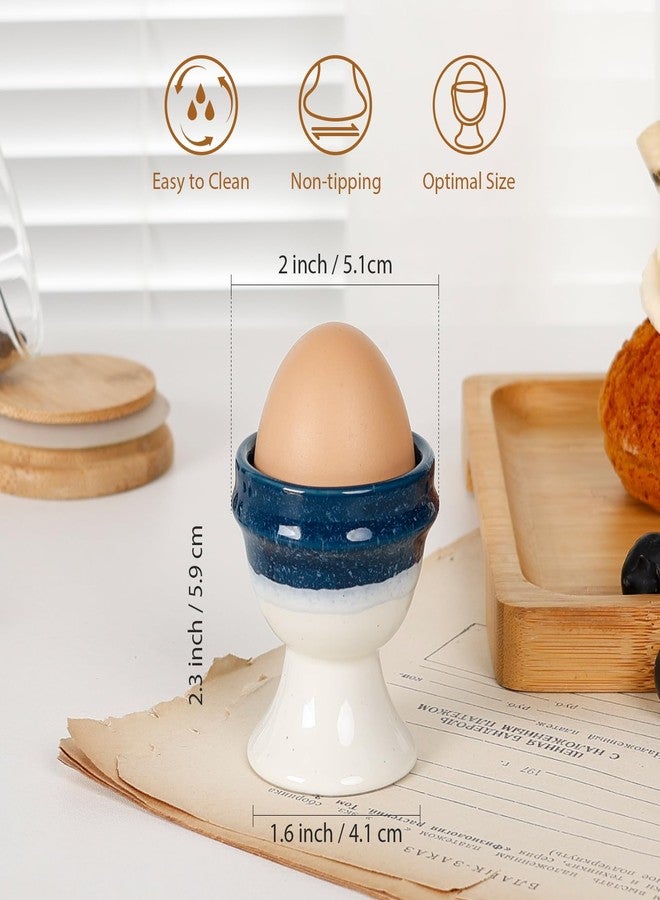 INGOFIN 4 Pcs Ceramic Egg Cups, Egg Holder for Soft and Hard Boiled Eggs, Store and Serve Easter Egg Holder, Tray Kitchen Gadgets Tools, for Home Breakfast & Cafe Decor, Blue&Beige - Image 2