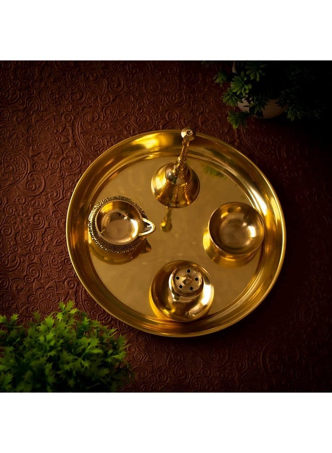 GUG Pure Brass Traditional Handcrafted Brass Pooja Thali/Aarti Bartan Plat Set of 5 pcs Items, for Diwali Poojan/Pooja Room Thali for Home, Temple, Office - Image 3