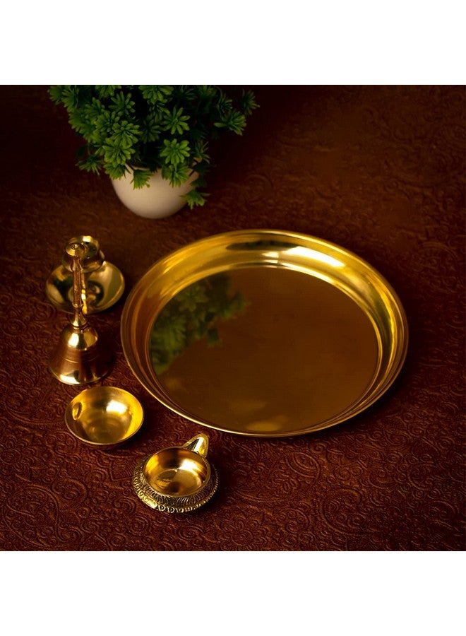 GUG Pure Brass Traditional Handcrafted Brass Pooja Thali/Aarti Bartan Plat Set of 5 pcs Items, for Diwali Poojan/Pooja Room Thali for Home, Temple, Office - Image 1