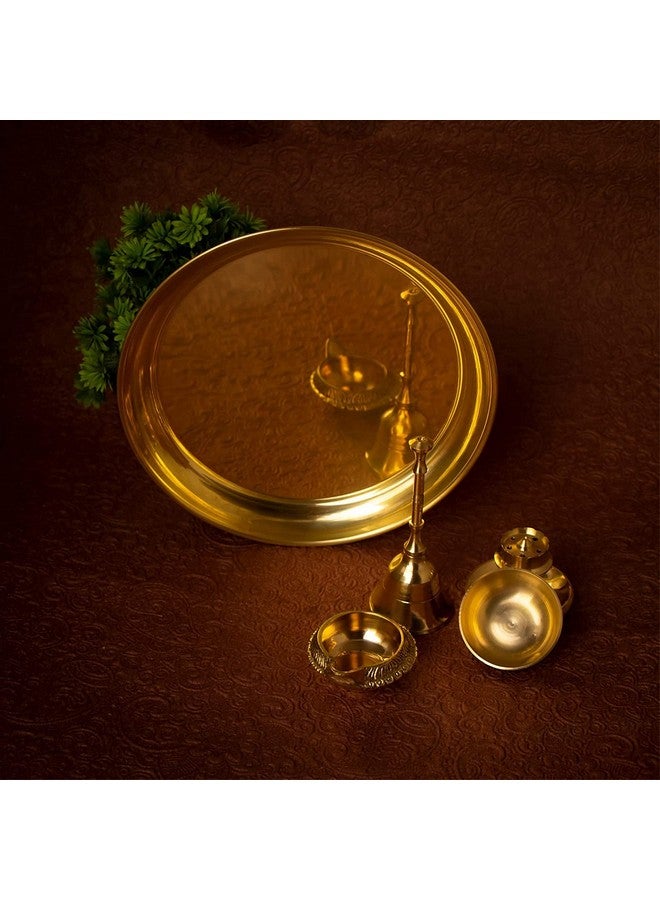 GUG Pure Brass Traditional Handcrafted Brass Pooja Thali/Aarti Bartan Plat Set of 5 pcs Items, for Diwali Poojan/Pooja Room Thali for Home, Temple, Office - Image 2