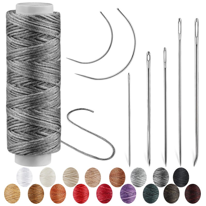 Ftyiwu Waxed Thread Upholstery Needle and Thread 32 Yards with 7PCS Hand Sewing Needles for Home Upholstery Carpet Canvas Repair Leather Sewing Dark Gray