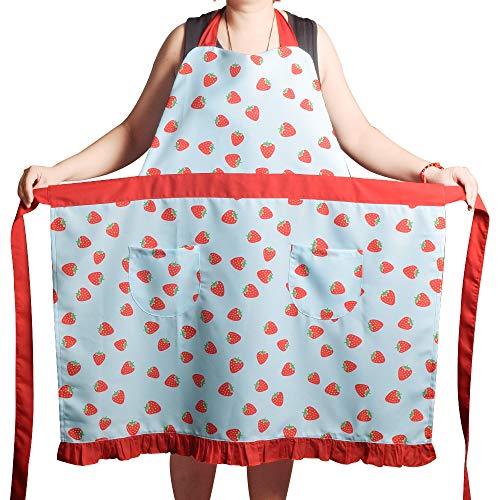 Love Potato Aprons for Women Girls Plus Size, Adjustable Kitchen Cooking Apron with 2 Pockets & Extra Long Ties, 34x36 inch (Red Strawberry) - Image 2