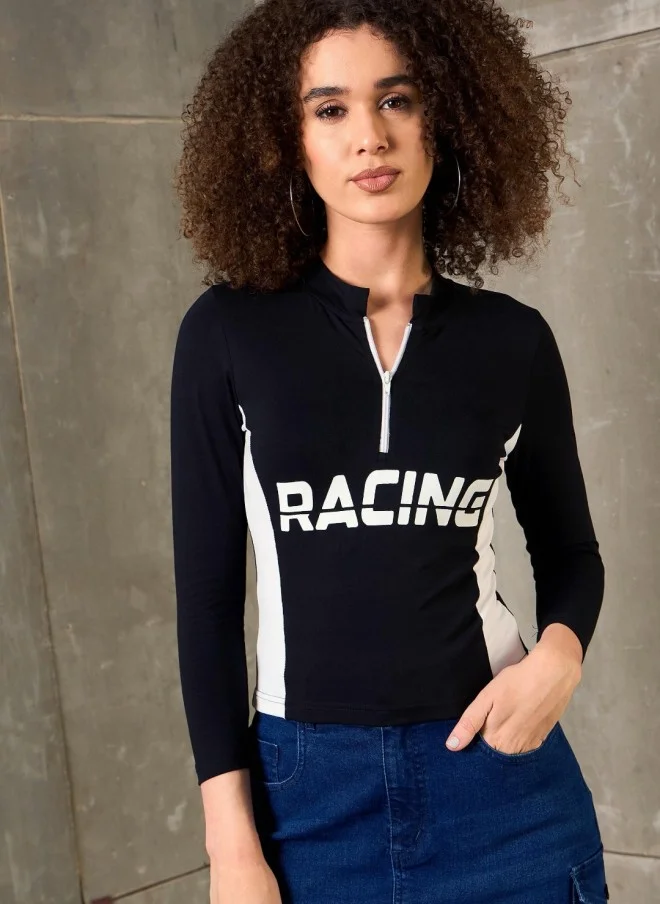 ساسافراس Black & White Typography Printed High Neck T-Shirt for Women