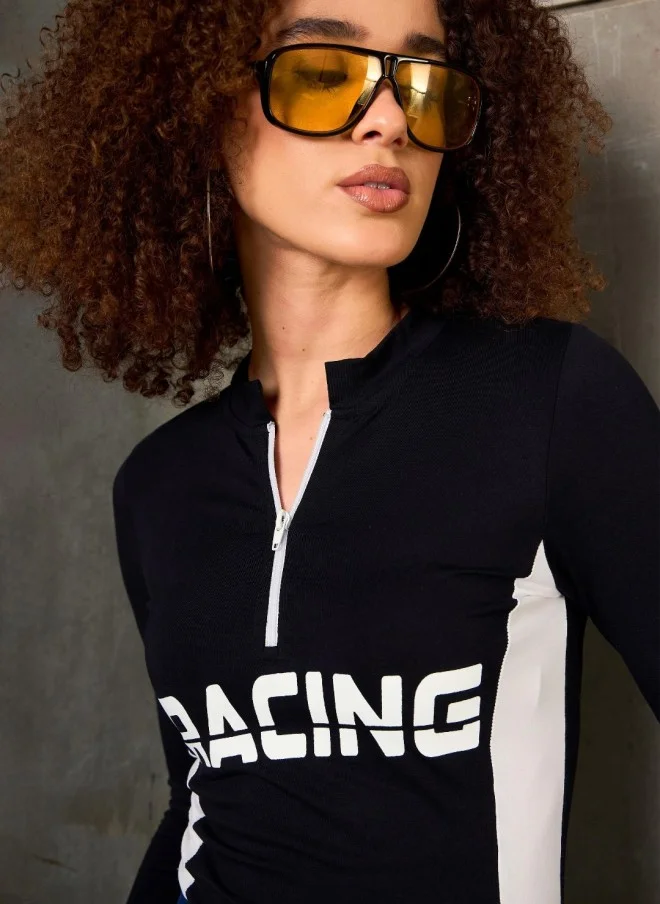 ساسافراس Black & White Typography Printed High Neck T-Shirt for Women