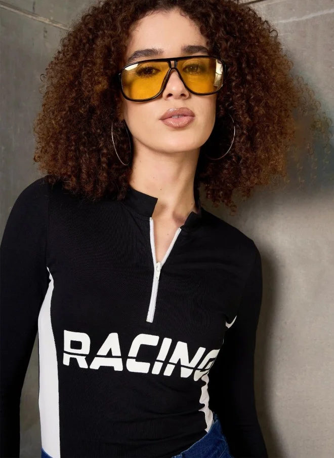 ساسافراس Black & White Typography Printed High Neck T-Shirt for Women