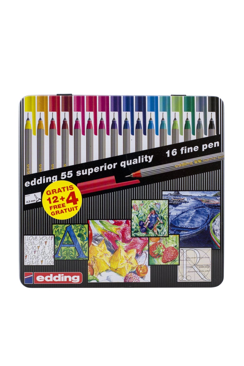 Edding 55 Fine liner Pen Assorted Ink Color0.3 mm Fine Tip16 Pieces - Image 1