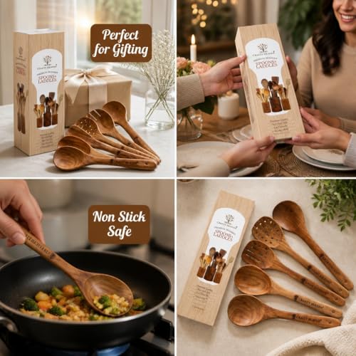 Crafty Heaven Sheesham Wooden Utensil Set, Turner, Ladle and Spatuala | Wooden Spoon Set | Kitchen Utensils Frying, Serving, Ladles, Dosa, Chapati and Rice Cooking Set of 7 - Image 3