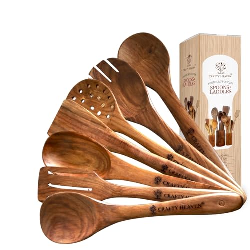 Crafty Heaven Sheesham Wooden Utensil Set, Turner, Ladle and Spatuala | Wooden Spoon Set | Kitchen Utensils Frying, Serving, Ladles, Dosa, Chapati and Rice Cooking Set of 7 - Image 1
