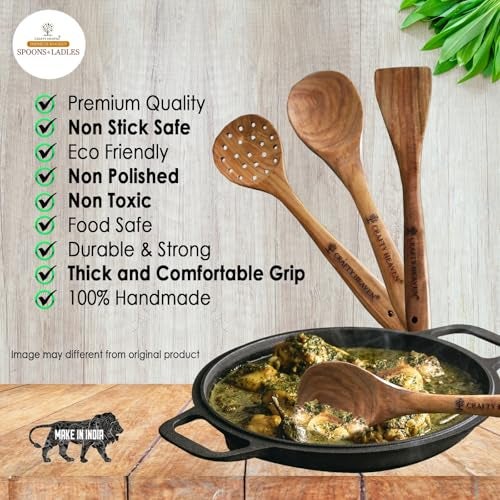 Crafty Heaven Sheesham Wooden Utensil Set, Turner, Ladle and Spatuala | Wooden Spoon Set | Kitchen Utensils Frying, Serving, Ladles, Dosa, Chapati and Rice Cooking Set of 7 - Image 5