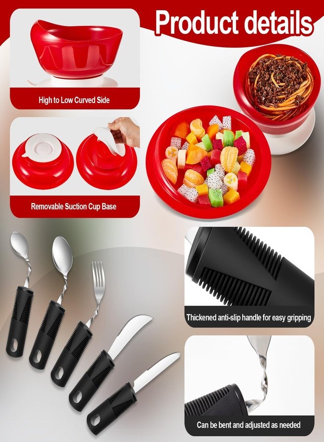 Maxcheck 2 Sets Adaptive Utensils for Elderly Bowl and Plate Set Adaptive Self Feeding Dinnerware with Suction Base Non Slip Bendable Cutlery Set for Elderly Disabled People Accessory Supplies(Red) - Image 3
