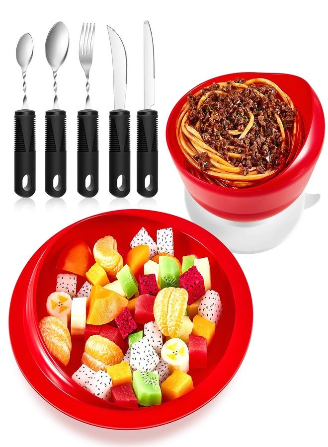 Maxcheck 2 Sets Adaptive Utensils for Elderly Bowl and Plate Set Adaptive Self Feeding Dinnerware with Suction Base Non Slip Bendable Cutlery Set for Elderly Disabled People Accessory Supplies(Red) - Image 1