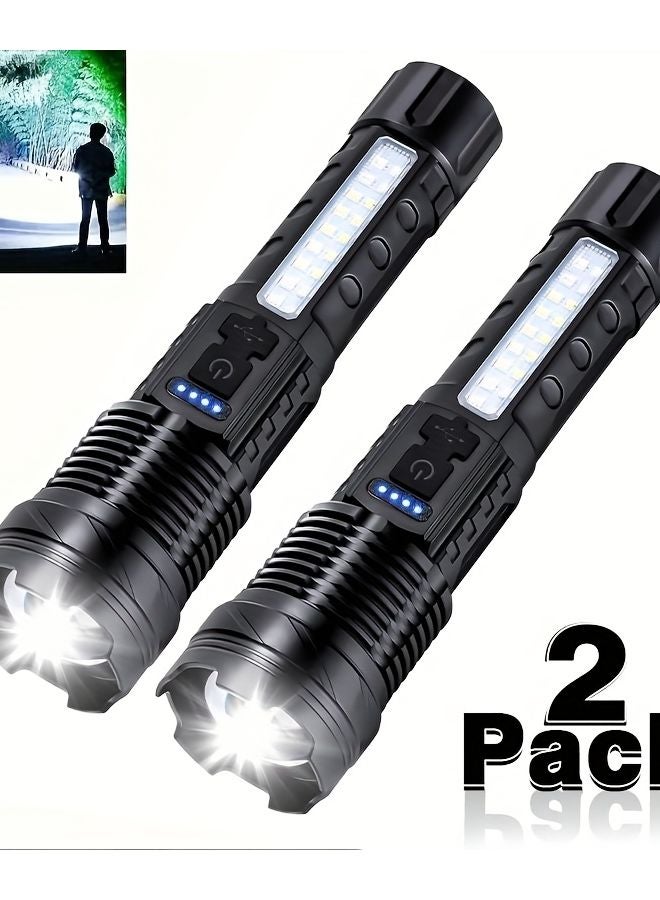 2PCS Rechargeable LED Flashlight 6 Modes Zoomable COB Side Light USB Charging For Camping - Image 1