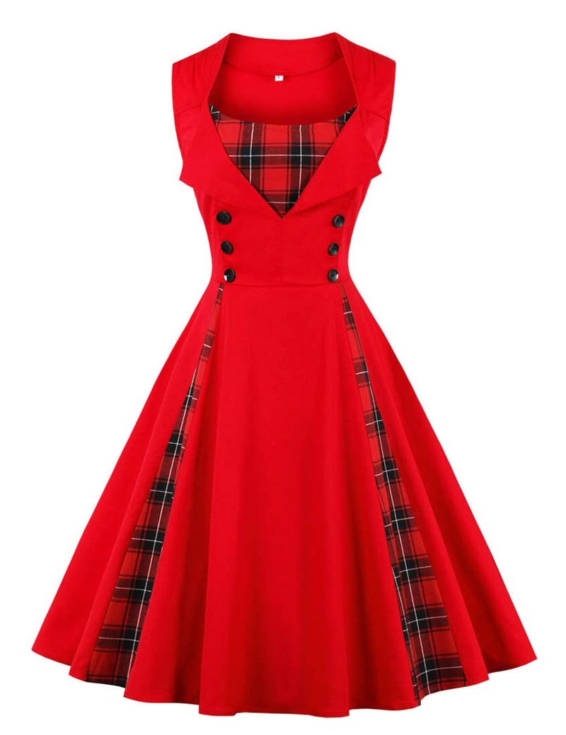 KILLREAL Women's Fashion Casual Tartan Plaid Patchwork Cocktail Christmas Party Dress Red Small - Image 2
