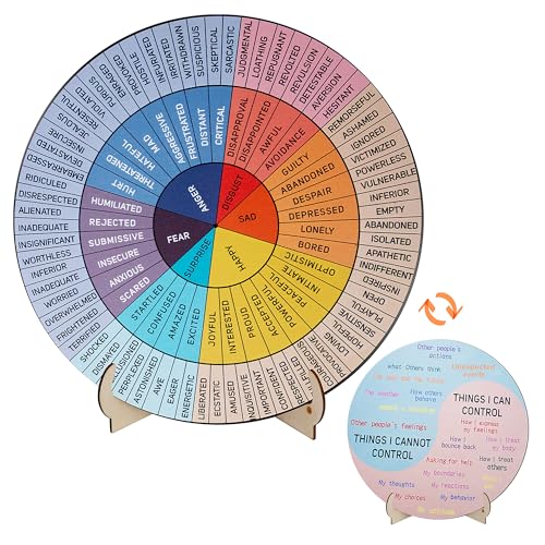 Jeoronuly Feelings Wheel Therapy Office Decor 58 Inches Diameter Double Sided Mental Health Decor Emotion Wheel with Stand Wooden Coping Wheel Chart Gifts for School Therapy Office - Image 1
