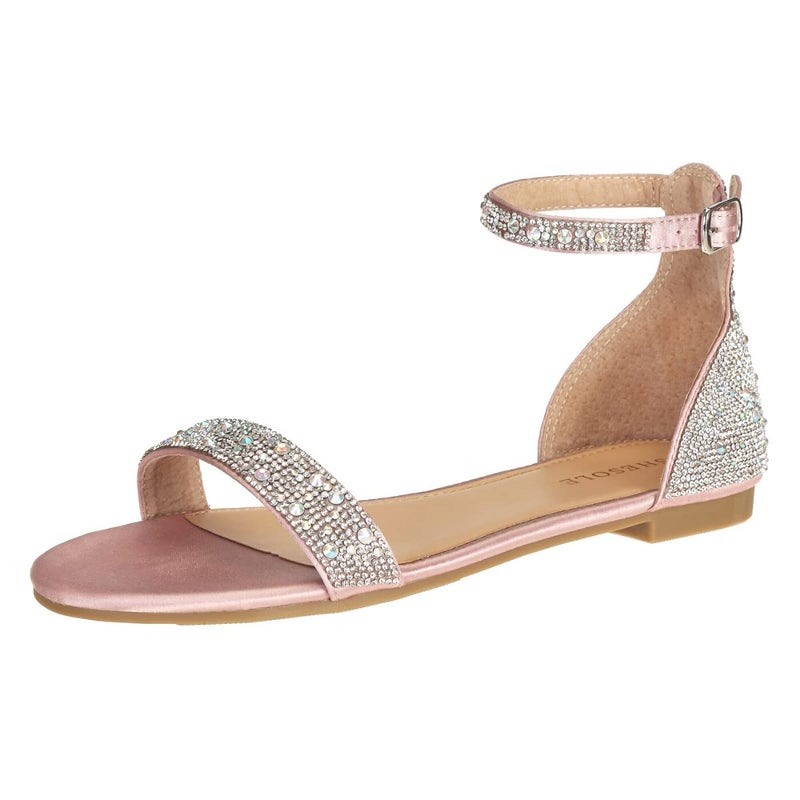 SheSole Women's Sparkly Rhinestone Strappy Flat Sandals Bridal Wedding Dress Shoes Champagne Size 9 - Image 1