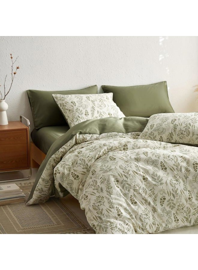 Bildenly Floral Duvet Cover Set King Size Reversible Olive Green Botanical Flower Bedding Set 3 Pieces Vintage Flower Aesthetic Soft Lightweight Comforter Cover Set for Women Girls with 2 Pillowcases - Image 2