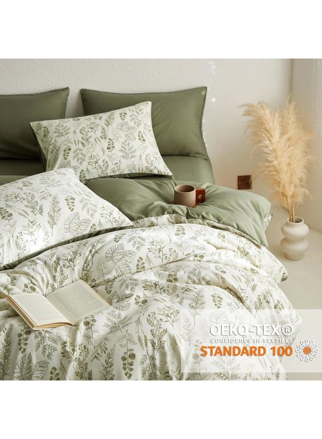 Bildenly Floral Duvet Cover Set King Size Reversible Olive Green Botanical Flower Bedding Set 3 Pieces Vintage Flower Aesthetic Soft Lightweight Comforter Cover Set for Women Girls with 2 Pillowcases - Image 3