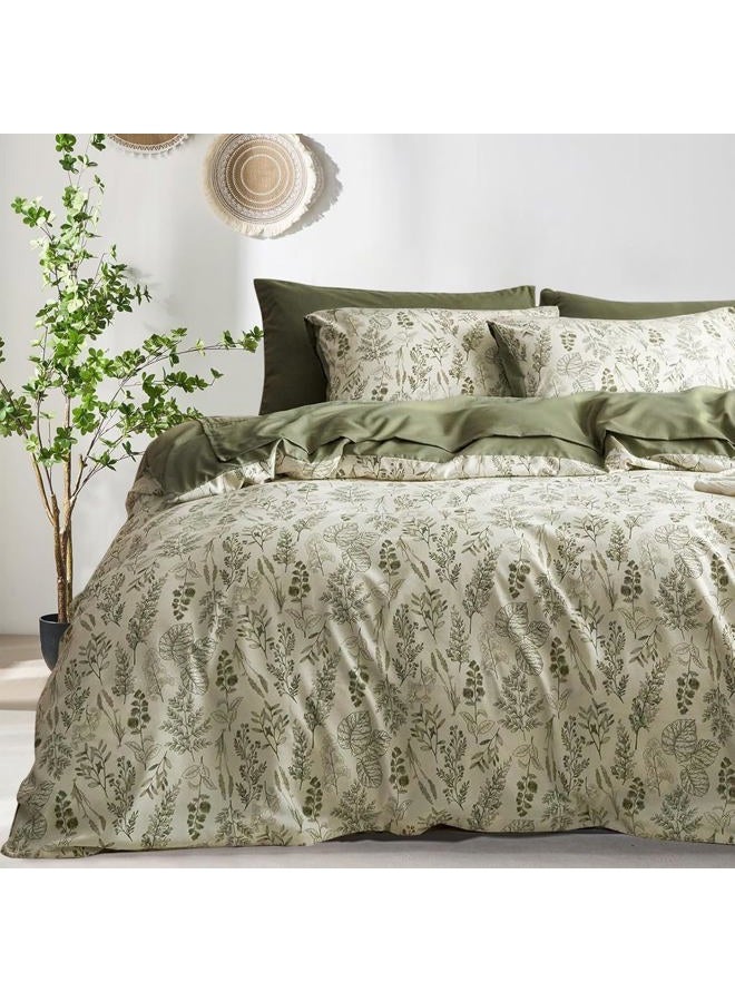 Bildenly Floral Duvet Cover Set King Size Reversible Olive Green Botanical Flower Bedding Set 3 Pieces Vintage Flower Aesthetic Soft Lightweight Comforter Cover Set for Women Girls with 2 Pillowcases - Image 1