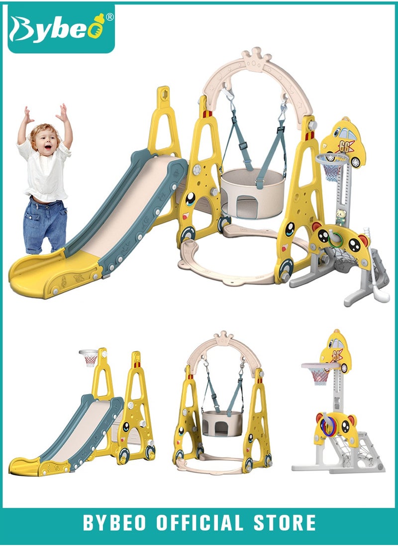 Bybeo 7 In 1 Kid Swing and Slide Set With Basketball Hoop, Climber Slides Playset for Toddlers, Multifunctional Gym Sets and Swings, Indoor and Outdoor Toy Playground Equipment Sets, with Soccer, Golf Games  - Image 1