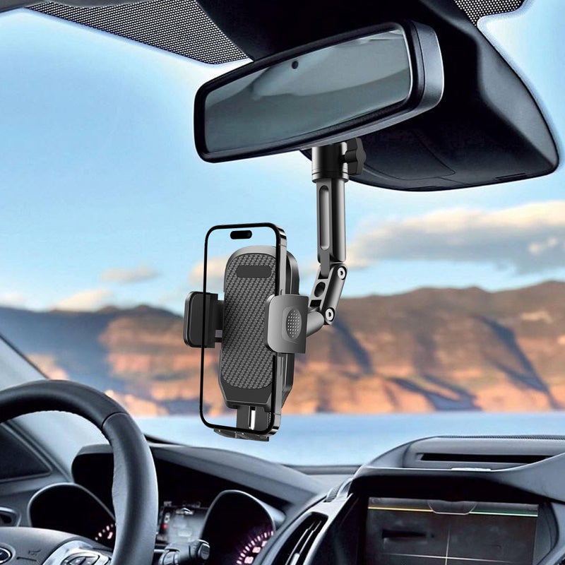 Quyee Phone Holder Car, Rear View Mirror Phone Holder - Aluminum Alloy Mount Multi-Angle Adjustment Rotatable and Retractable Compatible with All 4-7 Inch iPhone and Android Cell Phones - Image 2