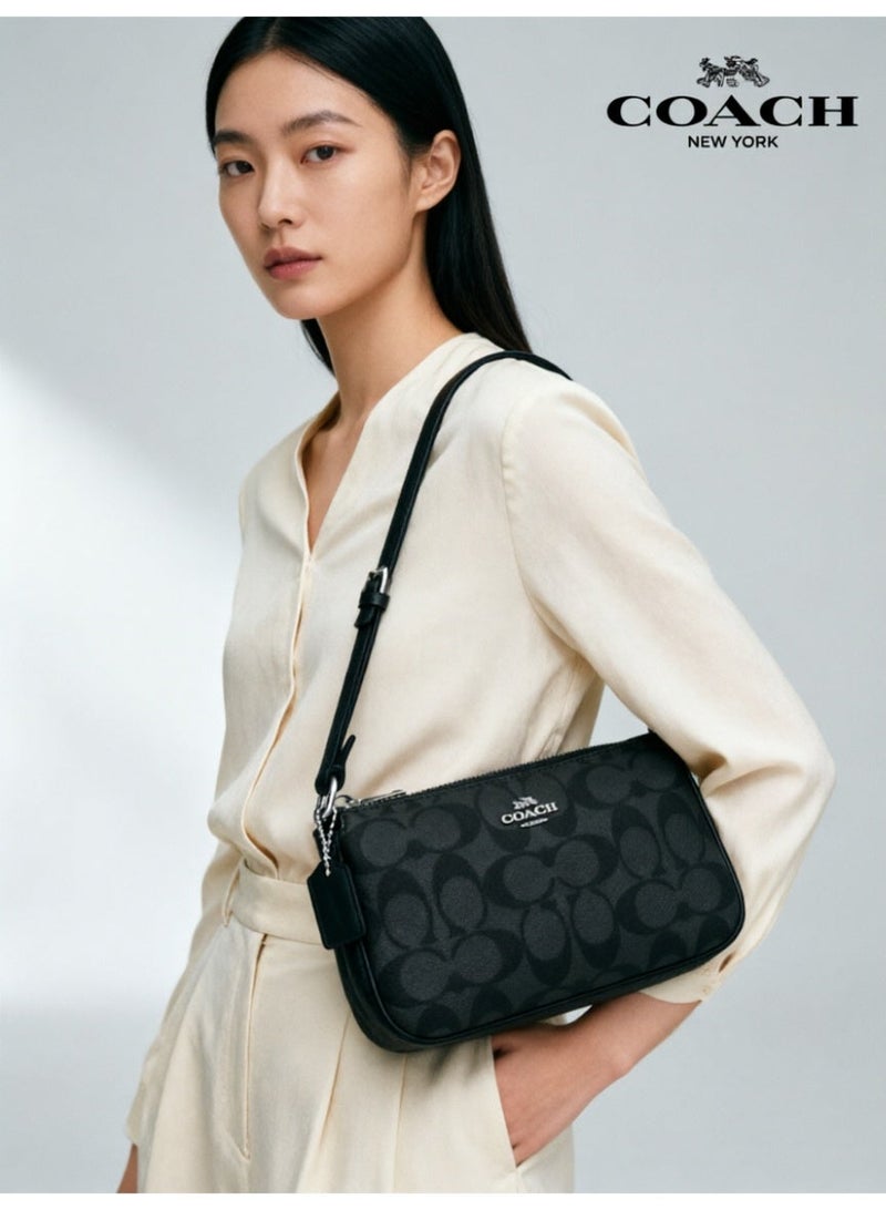 coachoutlet Coach Nolita 19 Shoulder Bag Graphite Black Signature Canvas Women's Mini Underarm Wristlet Handbag - Image 3