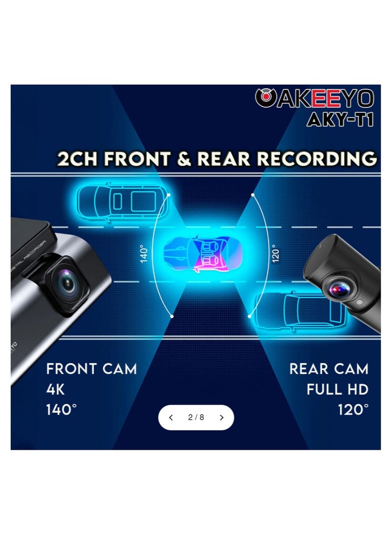 اكييو AKEEYO AKY-T1 Dash Camera, 4k Dash Camera, 5G, Wi-Fi, Front and Rear Cameras, GPS, 8 Megapixel Sensor, 3-inch IPS Monitor, WDR, Noise Protection, Parking Surveillance, LED Traffic Signal - Image 2