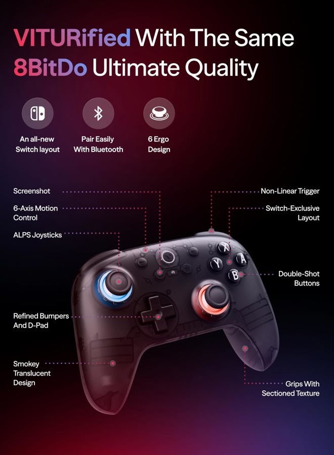 VITURE × وحدة تحكم الألعاب بلوتوث 8BitDo Ultimate 2C لجهاز سويتش وسويتش 2 | تحكم بالحركة 6 محاور | عصي تحكم بتأثير هول | اهتزاز رنيني | وظيفة توربو | استيقاظ عند الاهتزاز | شفاف مدخن - Image 3