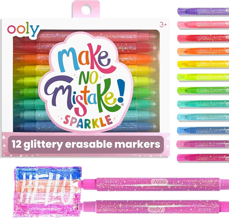 Ooly Make No Mistake Glittery Erasable Markers, 12 Stress and Mess Free Sparkle Markers You Can Erase, Colorful Supplies for Any Arts & Crafts - Image 1