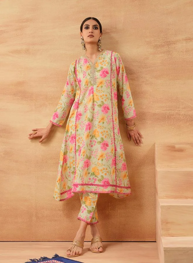 ISHIN Women's Multicolour Cotton Cambric Printed Tunic Top With Ankle Palazzo Flared 2 Peice Kurta Set